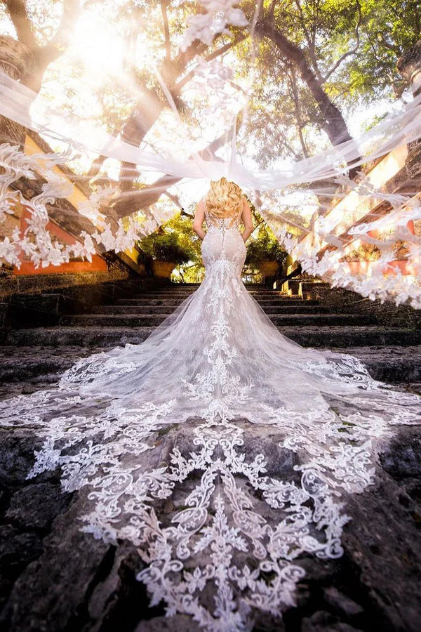 Buyishang Mermaid V Neck Tulle Wedding Dresses with Train