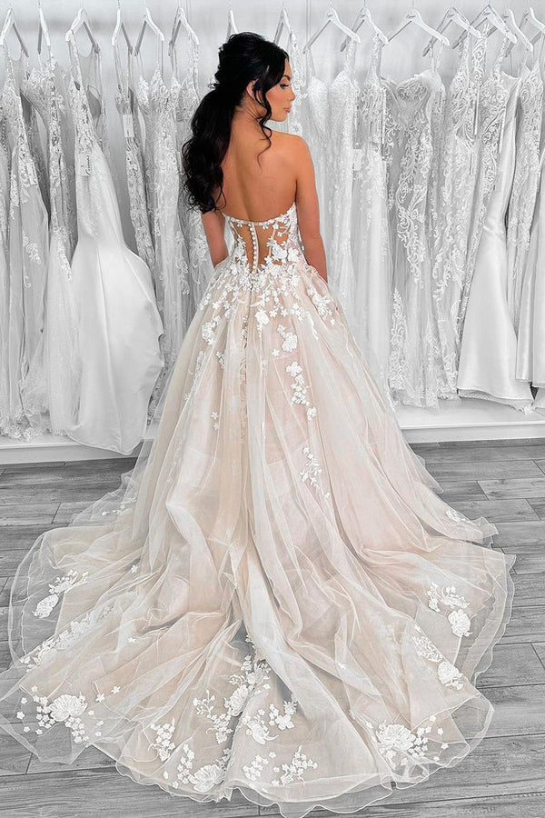 Buyishang Ball Gown Sweetheart Tulle Wedding Dresses with Appliques