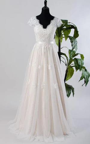 Buyishang Cap Sleeve Tulle Lace Satin Weddig Dress With Low-V Back