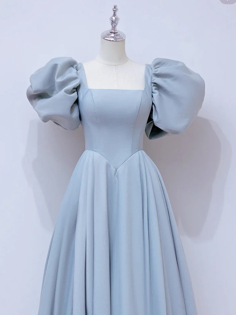Buyishang A-Line Puff sleeves Long Blue Prom Dress Square Neckline Blue Long Formal Dress