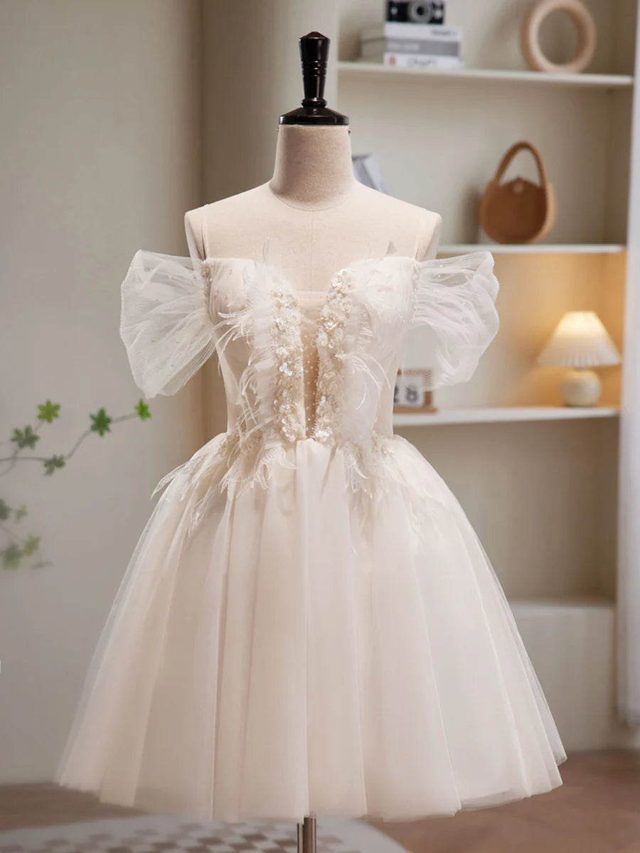 Buyishang A-Line Off Shoulder Tulle Short Beige Prom Dress Cute Homecoming Dress