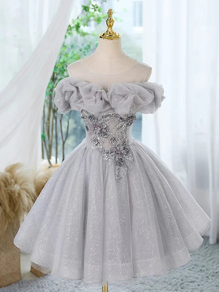 Buyishang A-Line Scoop Neckline Off Shoulder Tulle Gray Short Prom Dress with Lace Beads