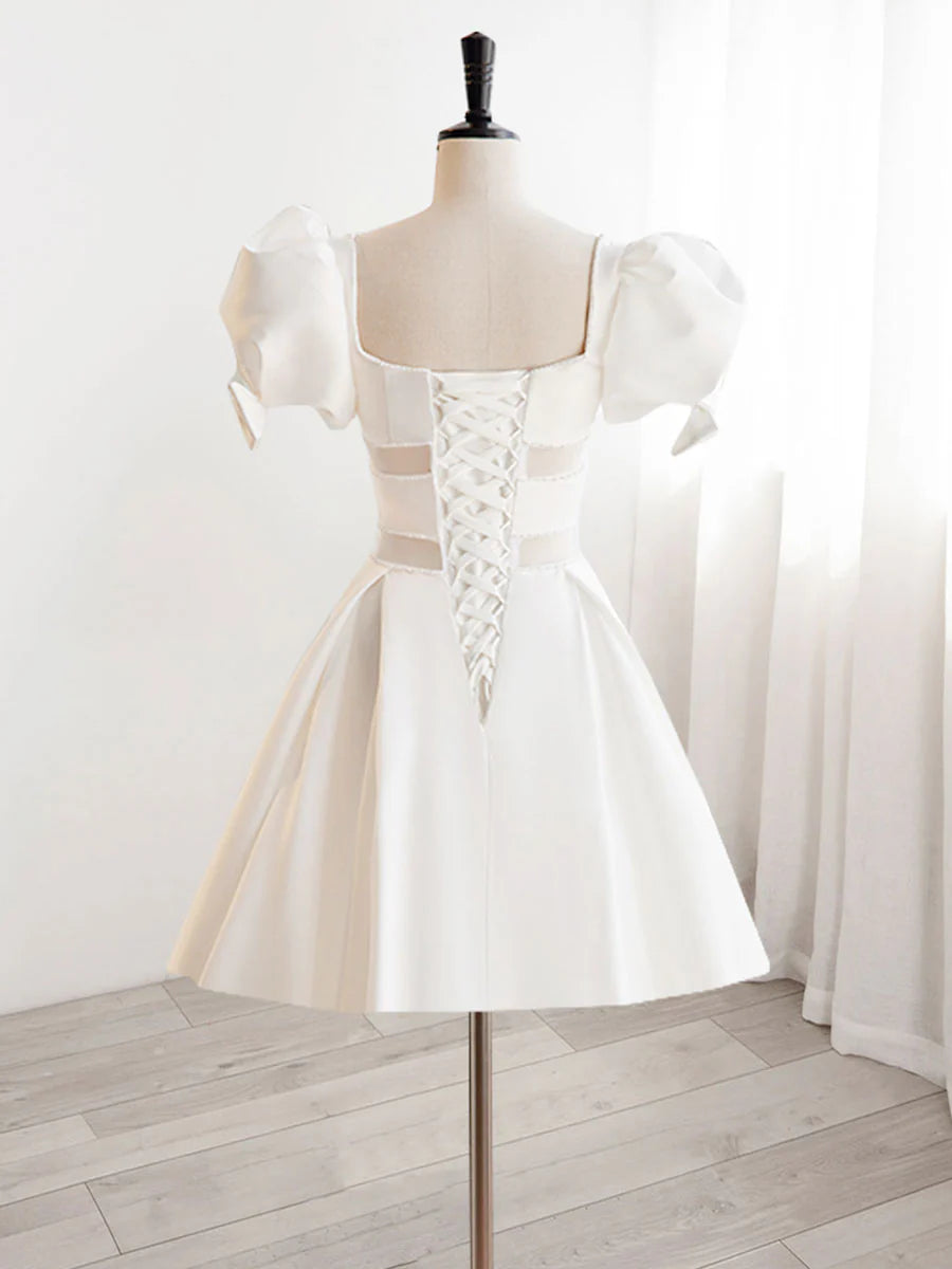 Buyishang A-Line Square Neckline ivory Short Prom Dress Cute ivory Homecoming Dress