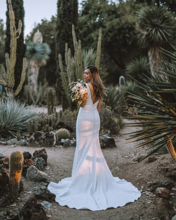 Buyishang Mermaid V Neck Satin Long Wedding Dresses with Train