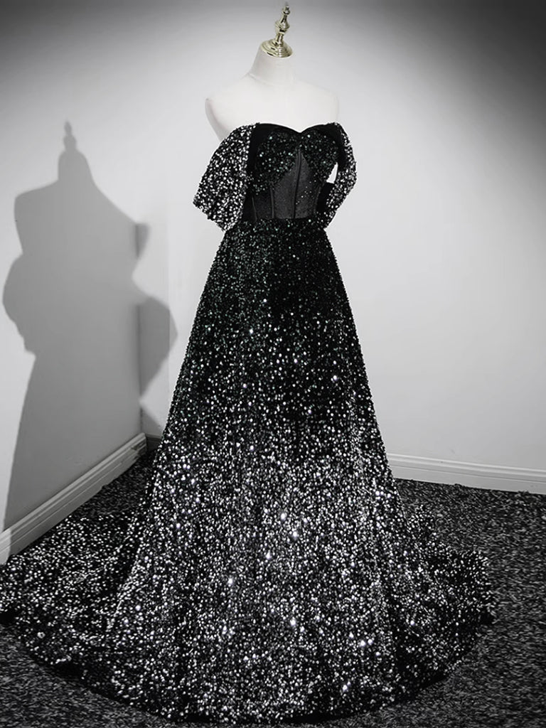 Buyishang A-Line Velvet Sequin Long Black Prom Dress Black Long Evening Dress