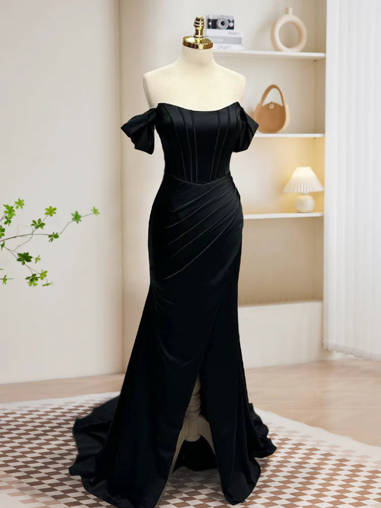 Buyishang Black Off Shoulder Satin Mermaid Long Prom Dress Black Long Evening Dress