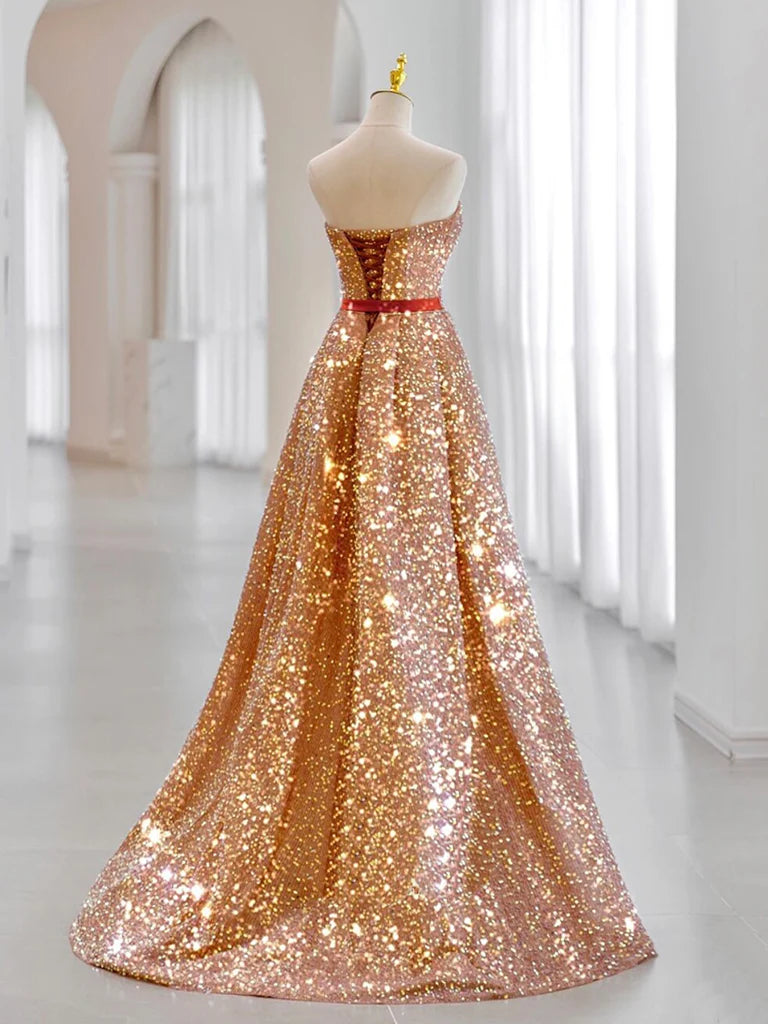 Buyishang A-Line Sweetheart Neck Velvet Sequin Champagne Gold Long Prom Dress
