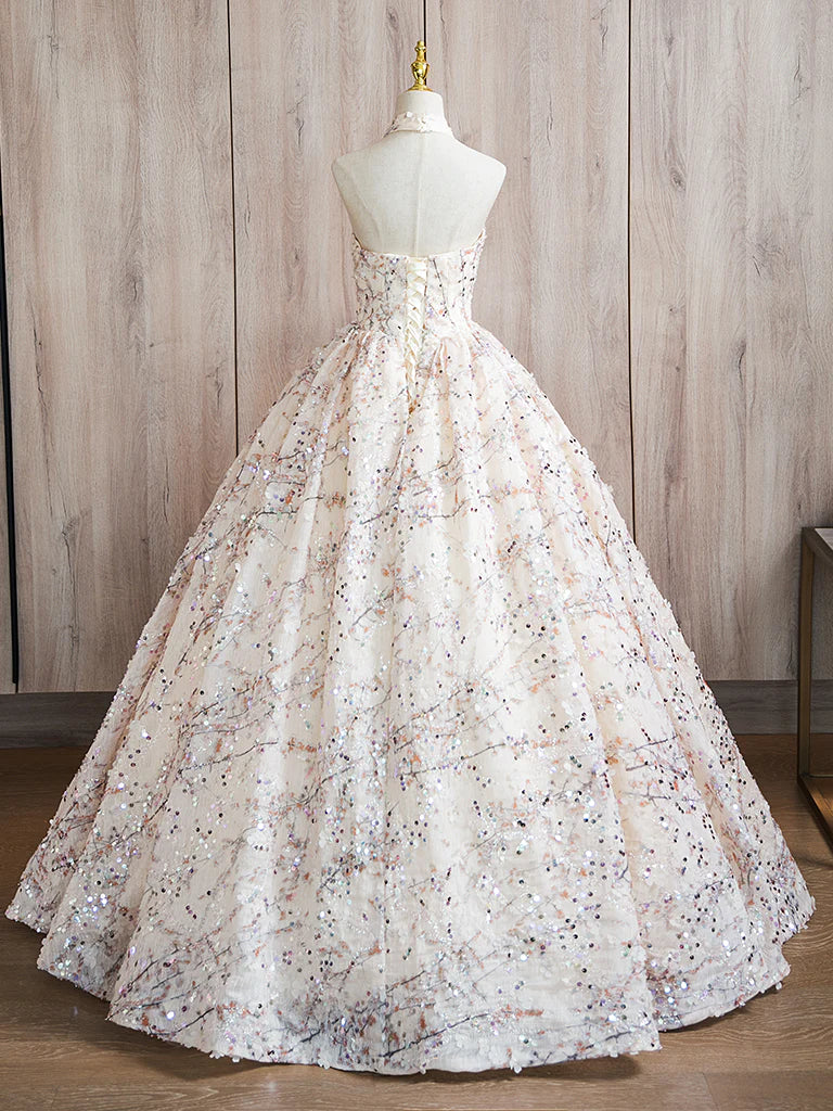 Buyishang A-Line High Neck Lace Champagne Long Prom Dress Champagne Long Formal Dress