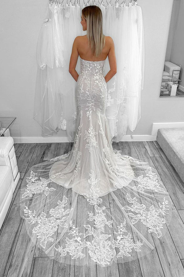 Buyishang Mermaid Strapless Tulle Appliques Wedding Dresses