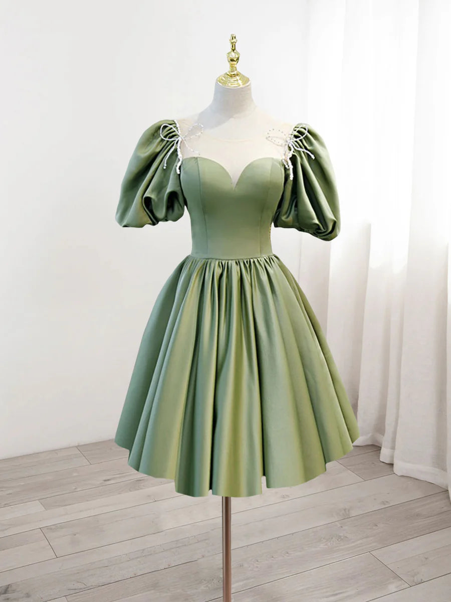 Buyishang A-Line Green Puffy Sleeve Satin Short Prom Dress Green Short Formal Dress