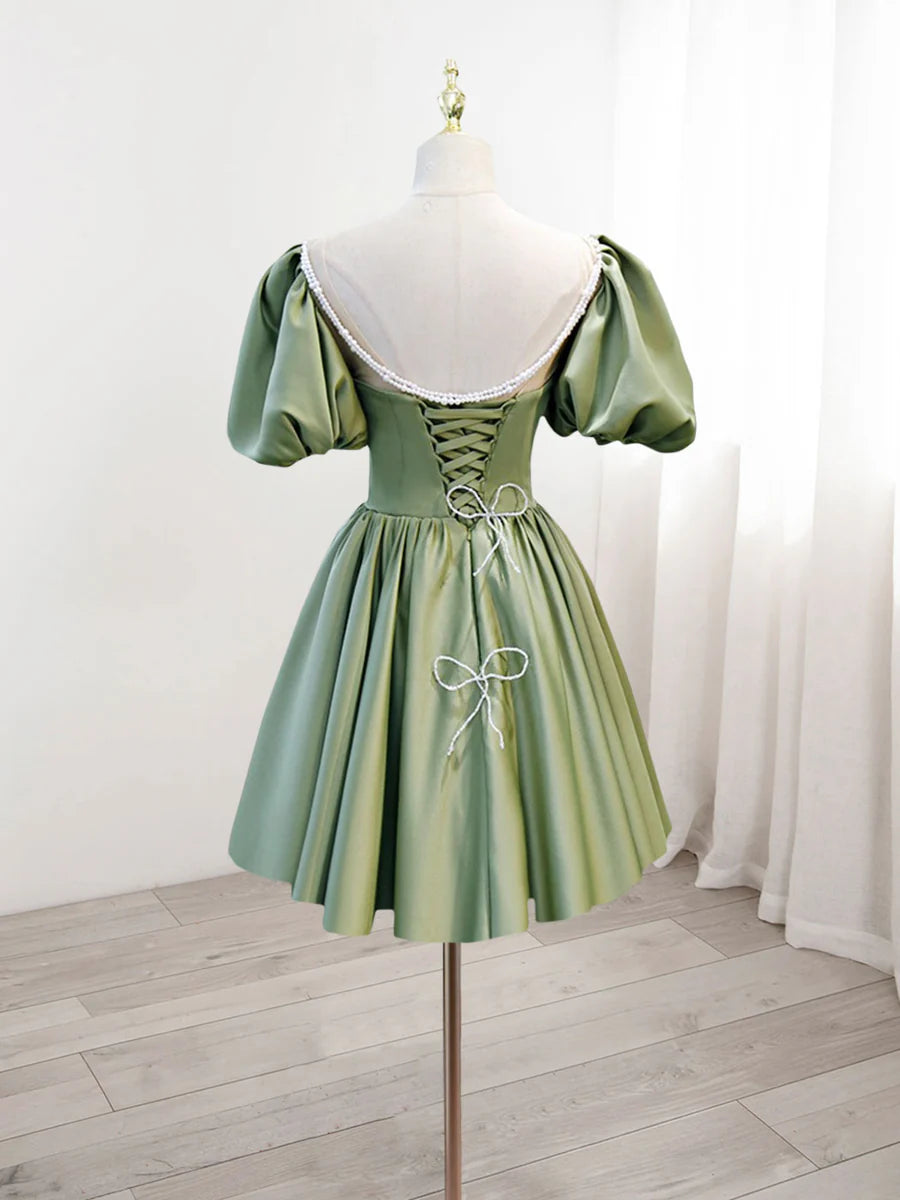 Buyishang A-Line Green Puffy Sleeve Satin Short Prom Dress Green Short Formal Dress
