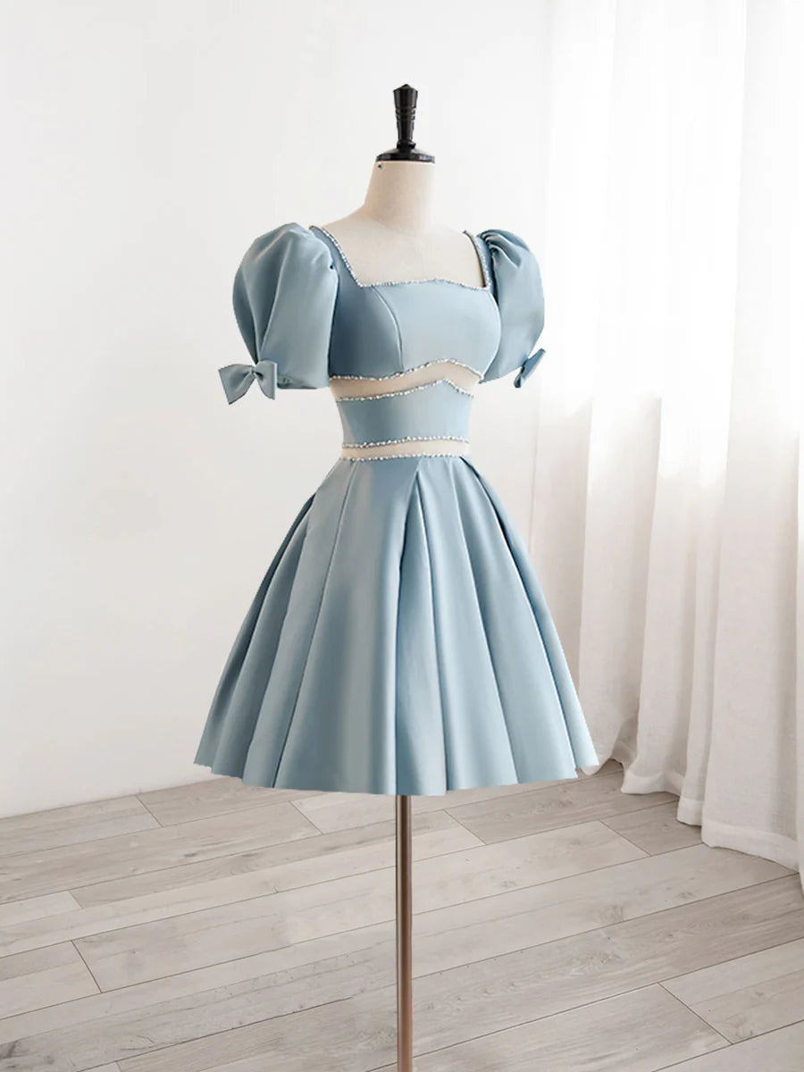 Buyishang A-Line Square Neckline Blue Short Prom Dress Cute Blue Homecoming Dress