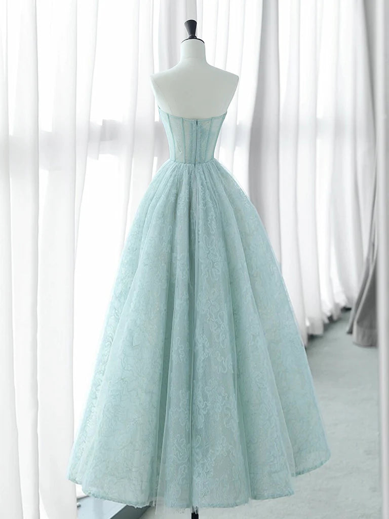 Buyishang A-Line Sweetheart Neck Tulle Lace Blue Long Prom Dress Blue Long Formal Dress