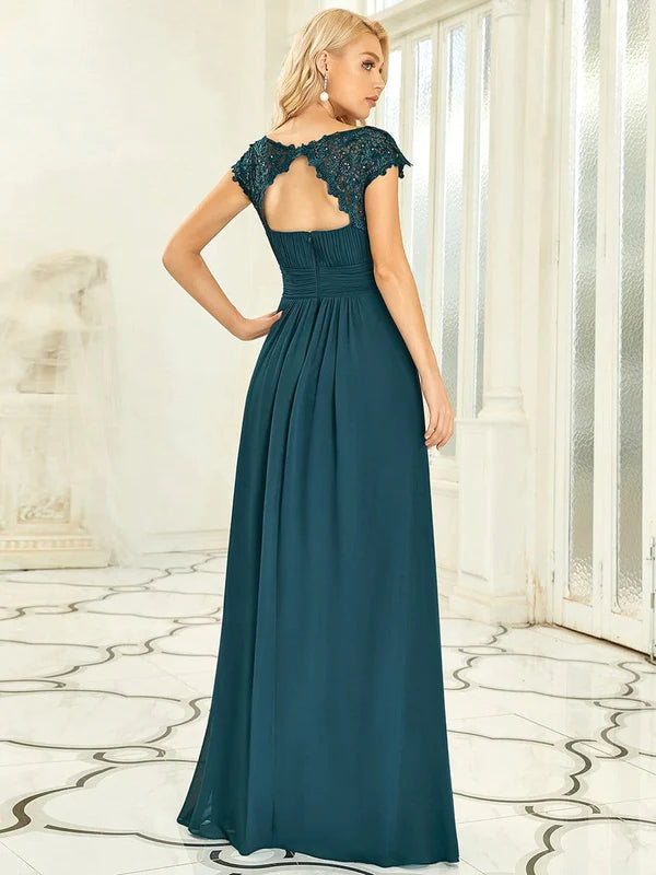 Classic Maxi Long Lace Cap Sleeve Bridesmaid Dress