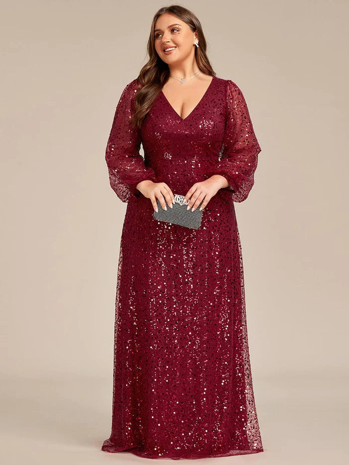 Plus Size V-Neck Lantern Long Sleeve Sequin A-Line Evening Dress/Prom Dresses