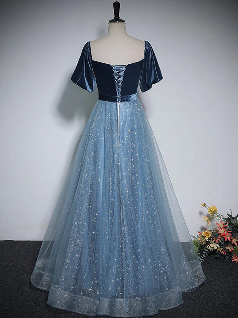 Buyishang A-Line Tulle Velvet Blue Long Prom Dress Blue Tulle Formal Dress