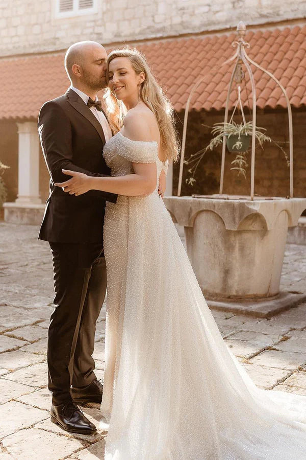 Buyishang Sparkly Mermaid Off the Shoulder Sequins Wedding Dresses