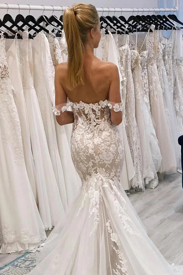 Buyishang Ivory Off the Shoulder Long Lace Mermaid Wedding Dress