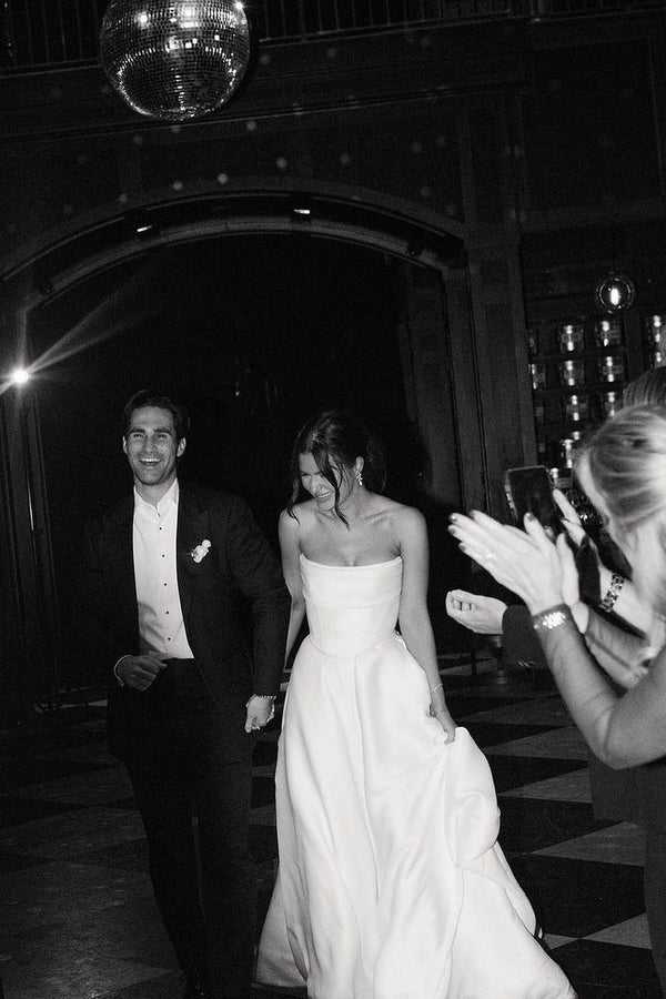 Buyishang A-Line Strapless White Satin Wedding Dresses with Slit