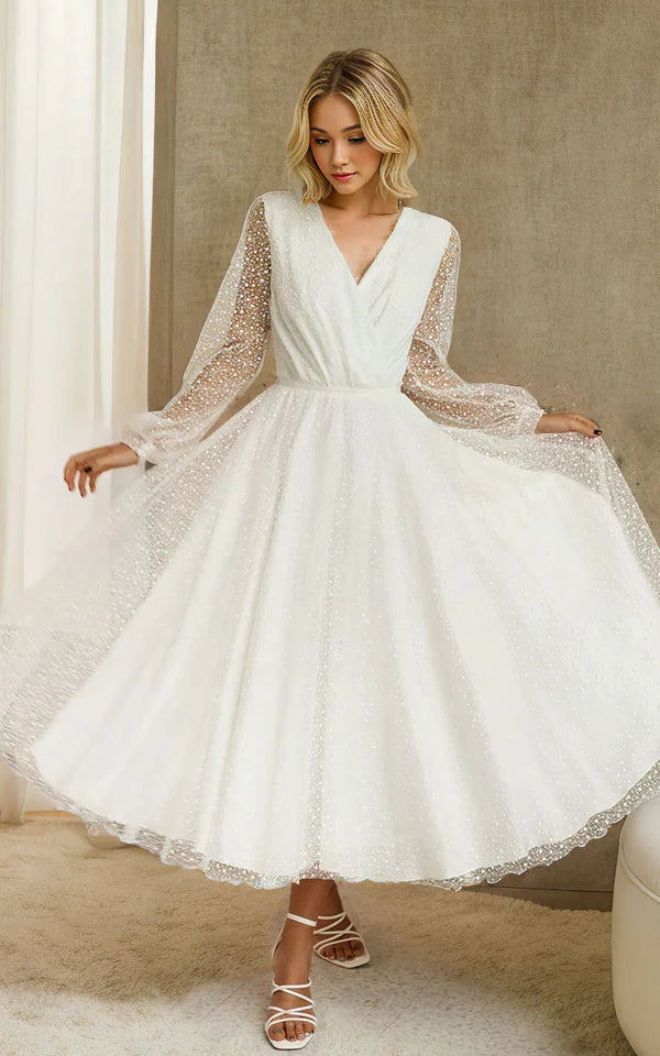 Buyishang A-Line Tulle White Tea-Length Long Sleeve Wedding Dress