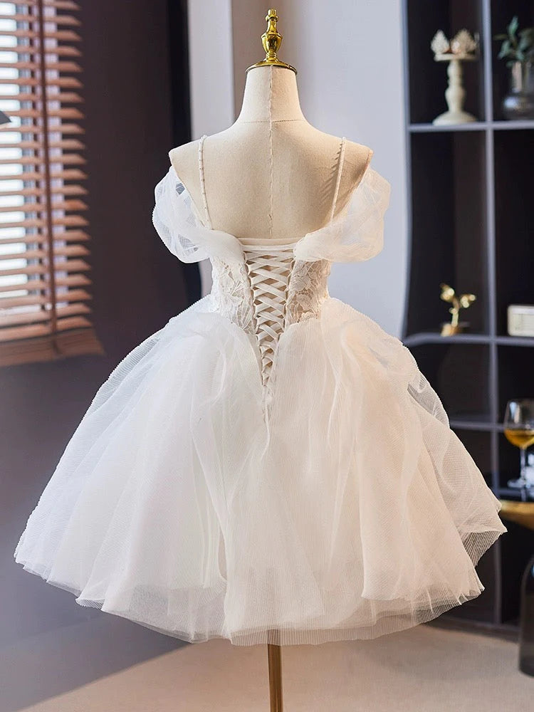 Buyishang Off Shoulder Sweetheart Neck Tulle Lace White Short Prom Dress