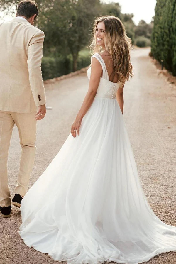 Buyishang Stunning A-Line Sweetheart White Chiffon Beach Wedding Dresses