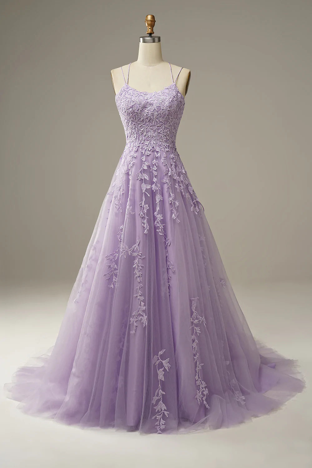 Princess A Line Spaghetti Straps Purple Long Prom Dress with Appliques