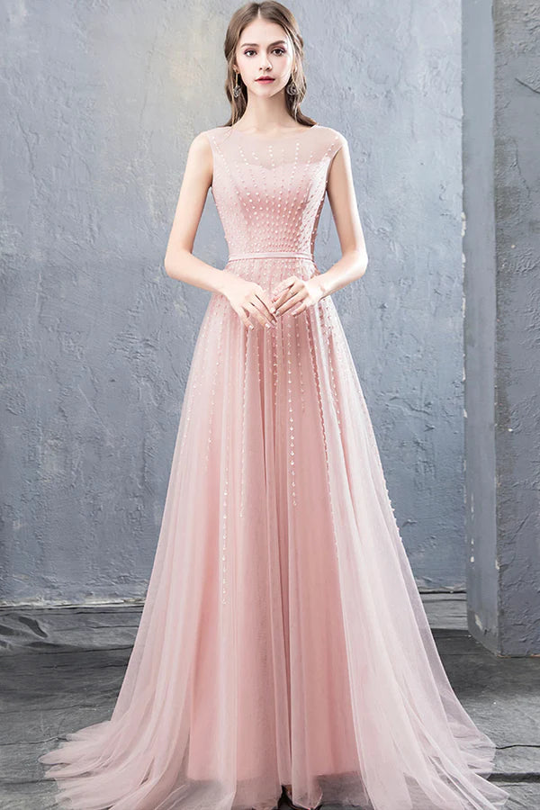 Pink Scoop Tulle Prom Dress with Beaded Pink Floor Length Party Dress