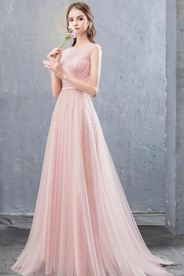 Pink Scoop Tulle Prom Dress with Beaded Pink Floor Length Party Dress