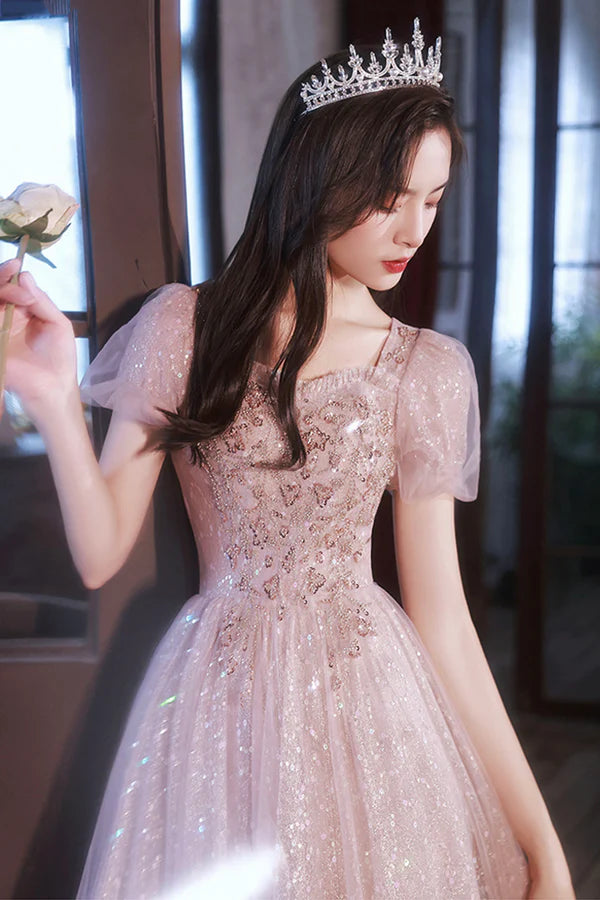 Pink Sequins and Lace Long Formal Dress Cute Short Sleeve Evening Dress