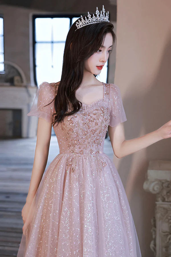 Pink Sequins and Lace Long Formal Dress Cute Short Sleeve Evening Dress