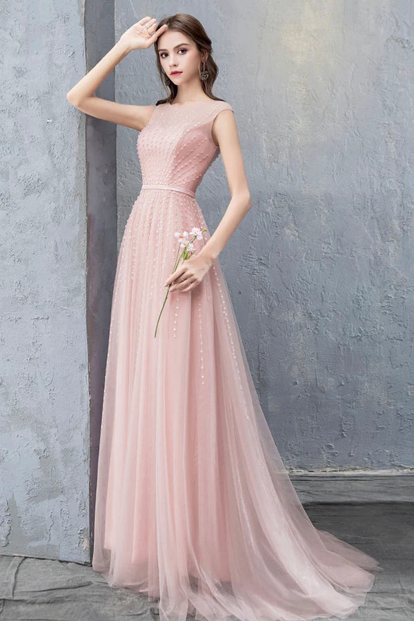 Pink Scoop Tulle Prom Dress with Beaded Pink Floor Length Party Dress