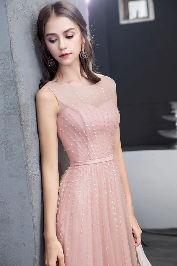 Pink Scoop Tulle Prom Dress with Beaded Pink Floor Length Party Dress