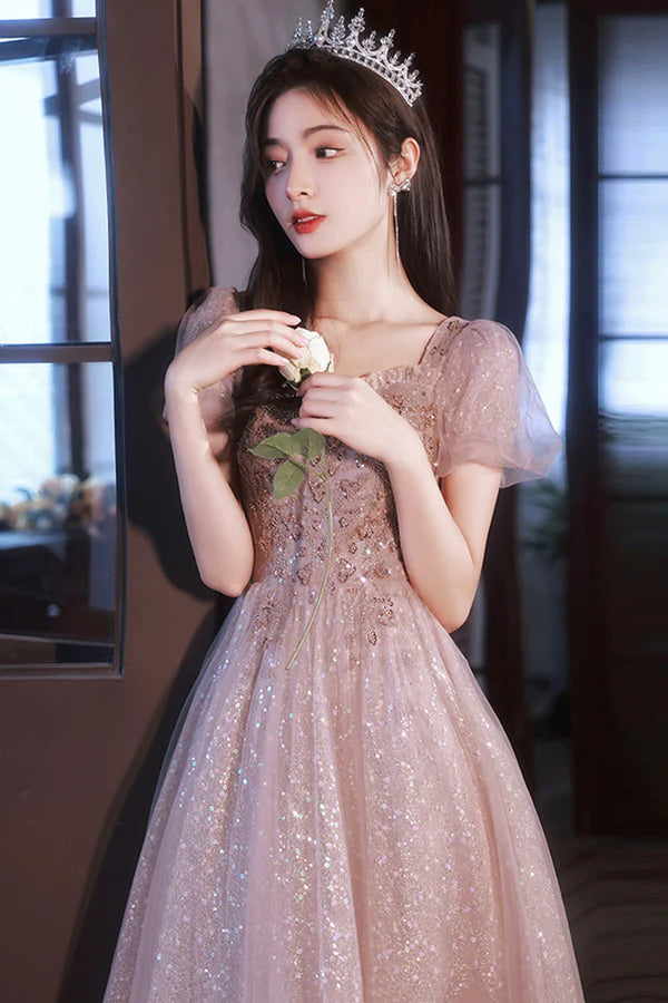 Pink Sequins and Lace Long Formal Dress Cute Short Sleeve Evening Dress