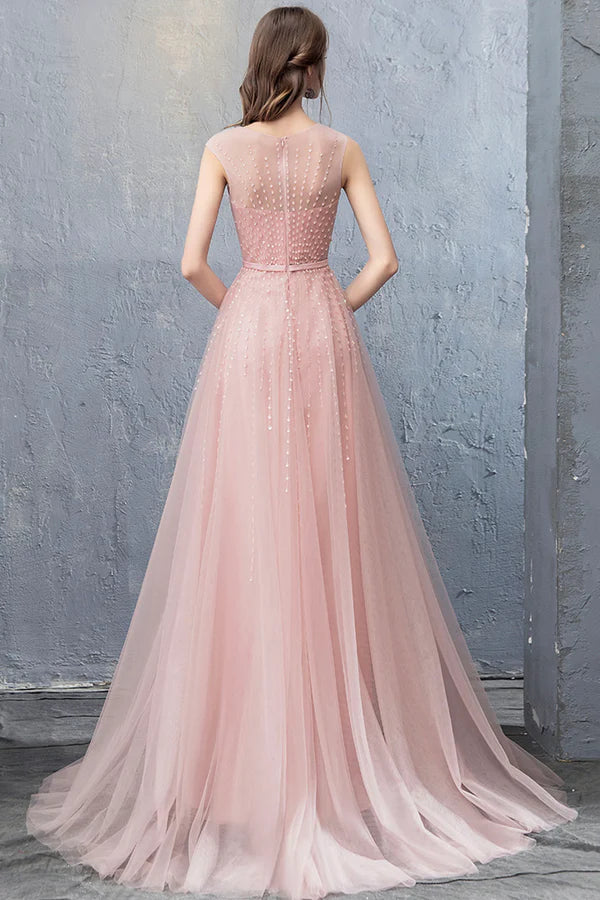 Pink Scoop Tulle Prom Dress with Beaded Pink Floor Length Party Dress