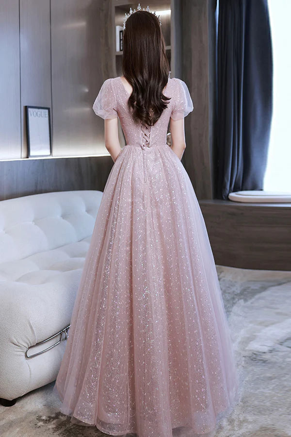 Pink Sequins and Lace Long Formal Dress Cute Short Sleeve Evening Dress