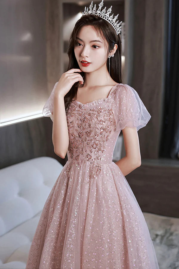 Pink Sequins and Lace Long Formal Dress Cute Short Sleeve Evening Dress