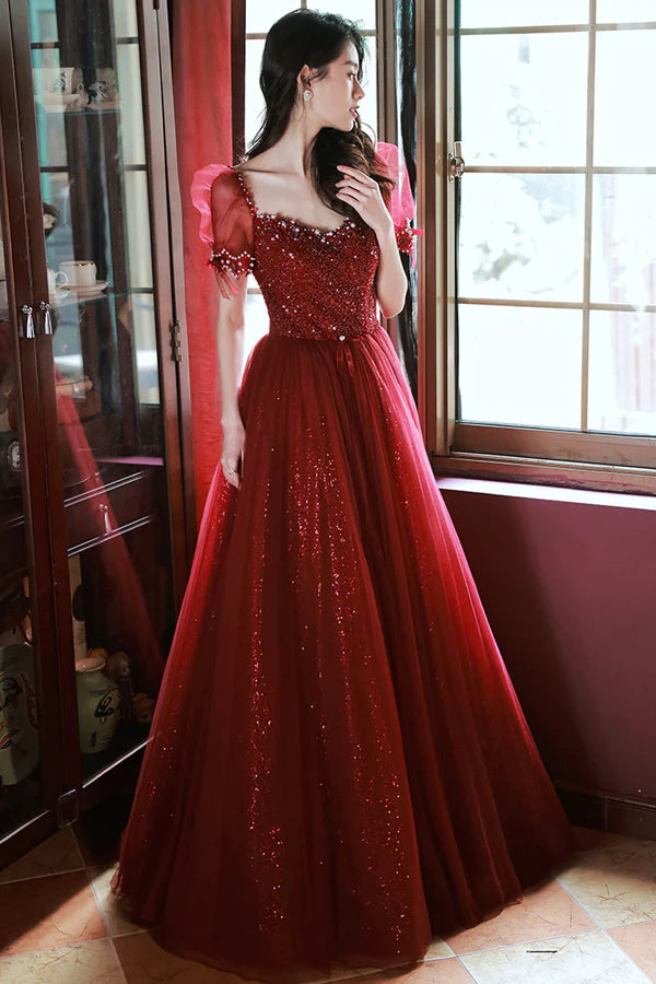 Burgundy Beaded Chic Long A-Line Prom Dress Cute Short Sleeve Party Dress