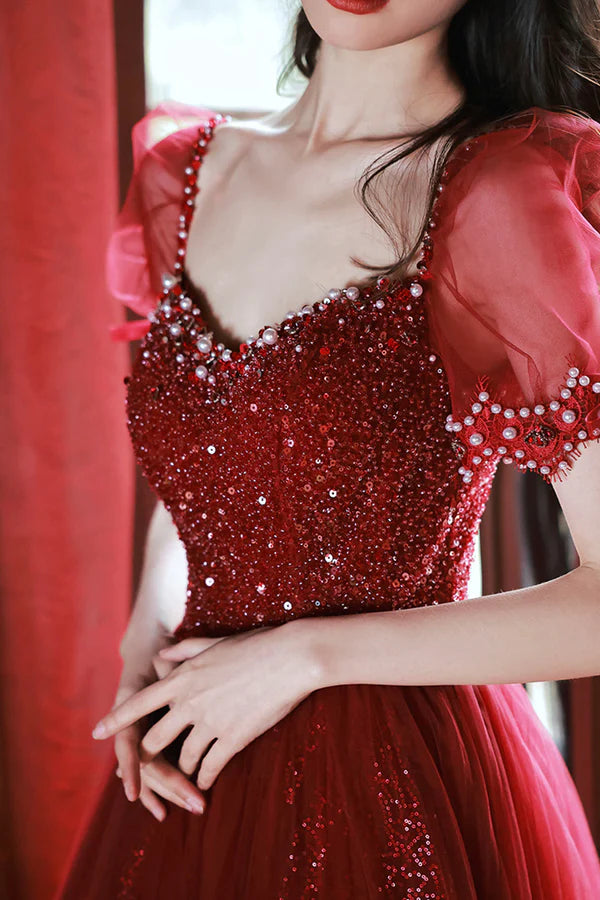 Burgundy Beaded Chic Long A-Line Prom Dress Cute Short Sleeve Party Dress