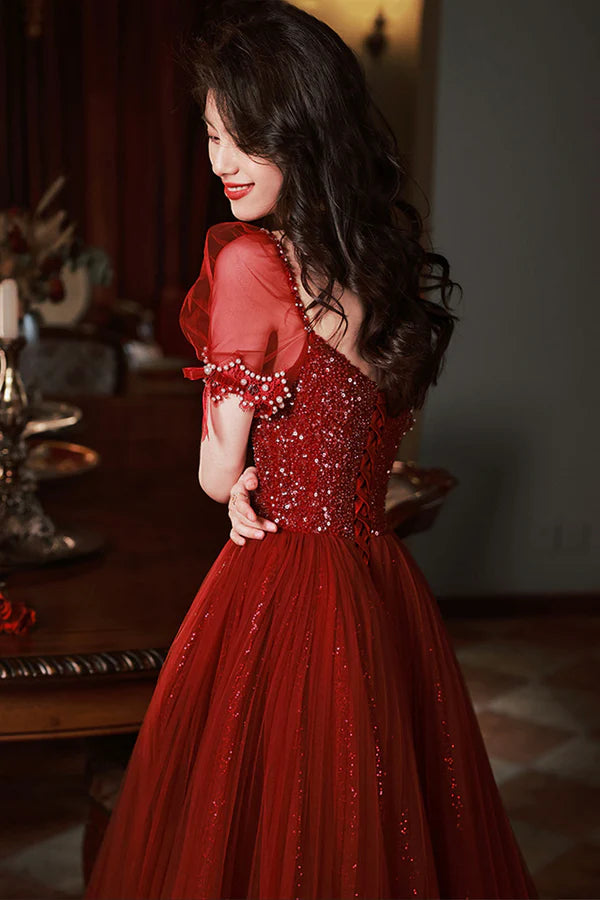 Burgundy Beaded Chic Long A-Line Prom Dress Cute Short Sleeve Party Dress