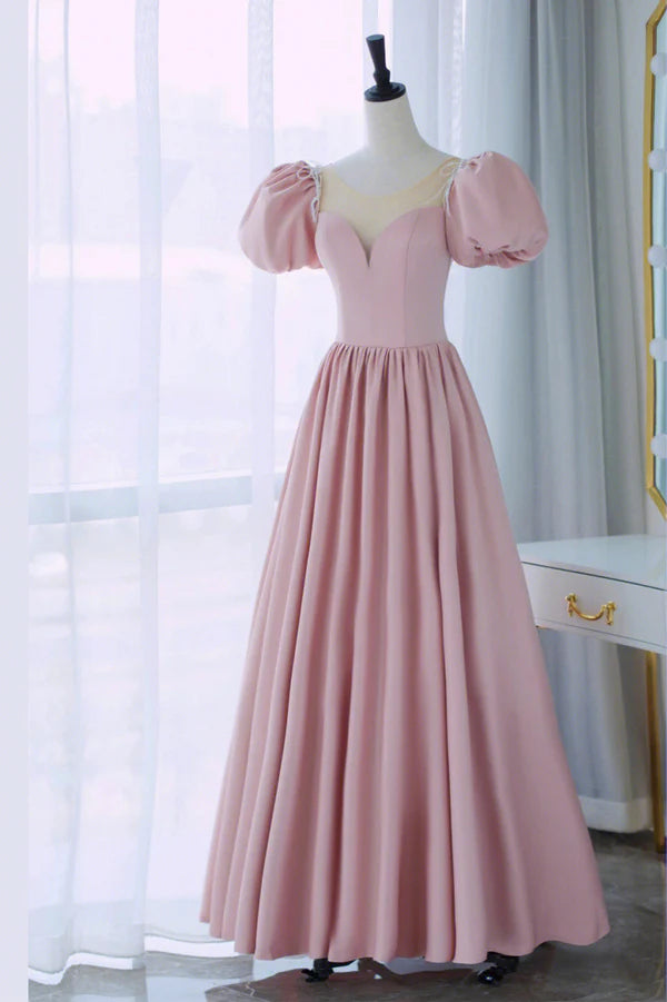 Pink Scoop Neckline Satin Prom Dress Pink Floor Length Party Dress