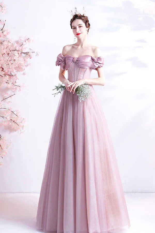 Pink Sweetheart with Beaded Tulle Prom Dresses Pink Long Formal Dresses