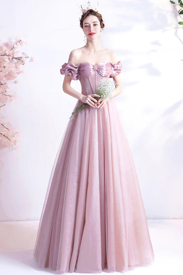 Pink Sweetheart with Beaded Tulle Prom Dresses Pink Long Formal Dresses