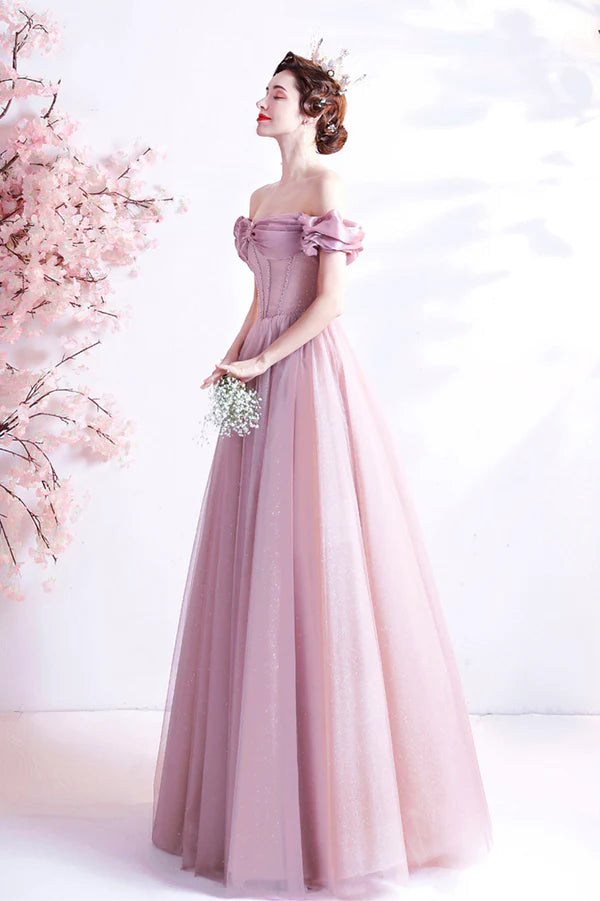 Pink Sweetheart with Beaded Tulle Prom Dresses Pink Long Formal Dresses