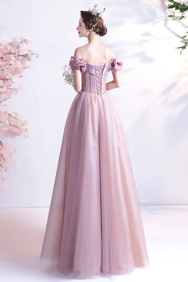 Pink Sweetheart with Beaded Tulle Prom Dresses Pink Long Formal Dresses
