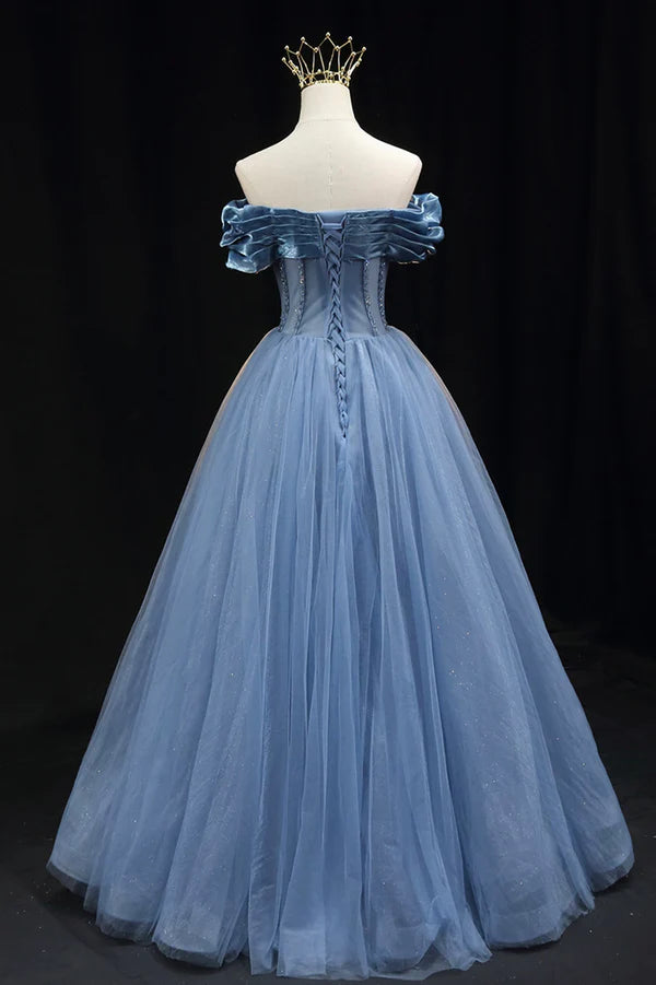 Blue Sweetheart Tulle Long Formal Dress Off the Shoulder Evening Graduation Dress