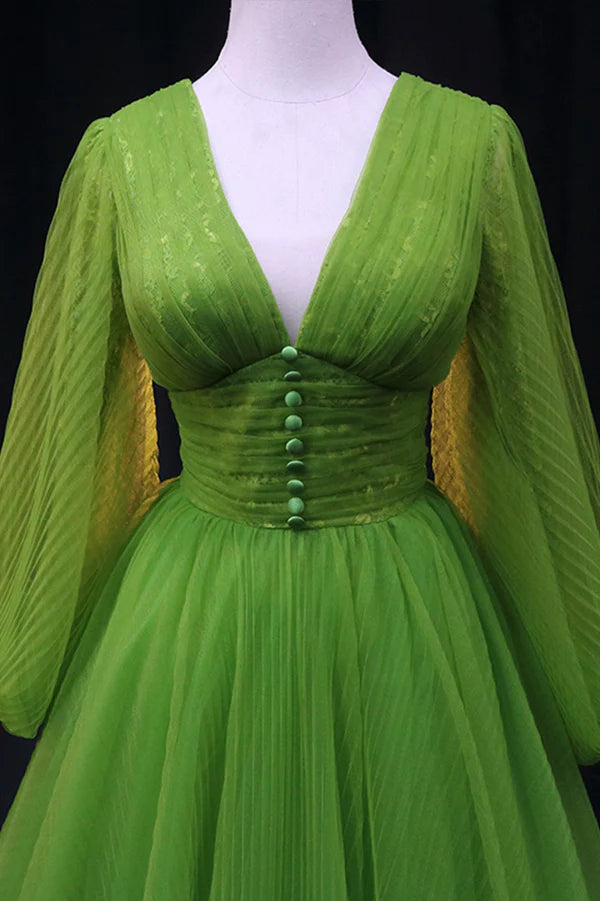 Green V-Neck Tulle Long Prom Dress Long Sleeve Green Formal Evening Dress