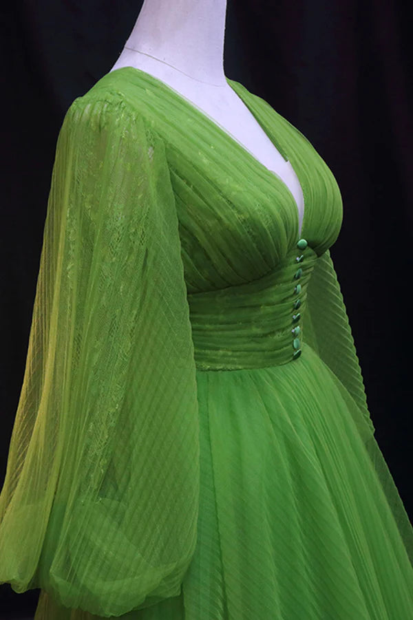 Green V-Neck Tulle Long Prom Dress Long Sleeve Green Formal Evening Dress