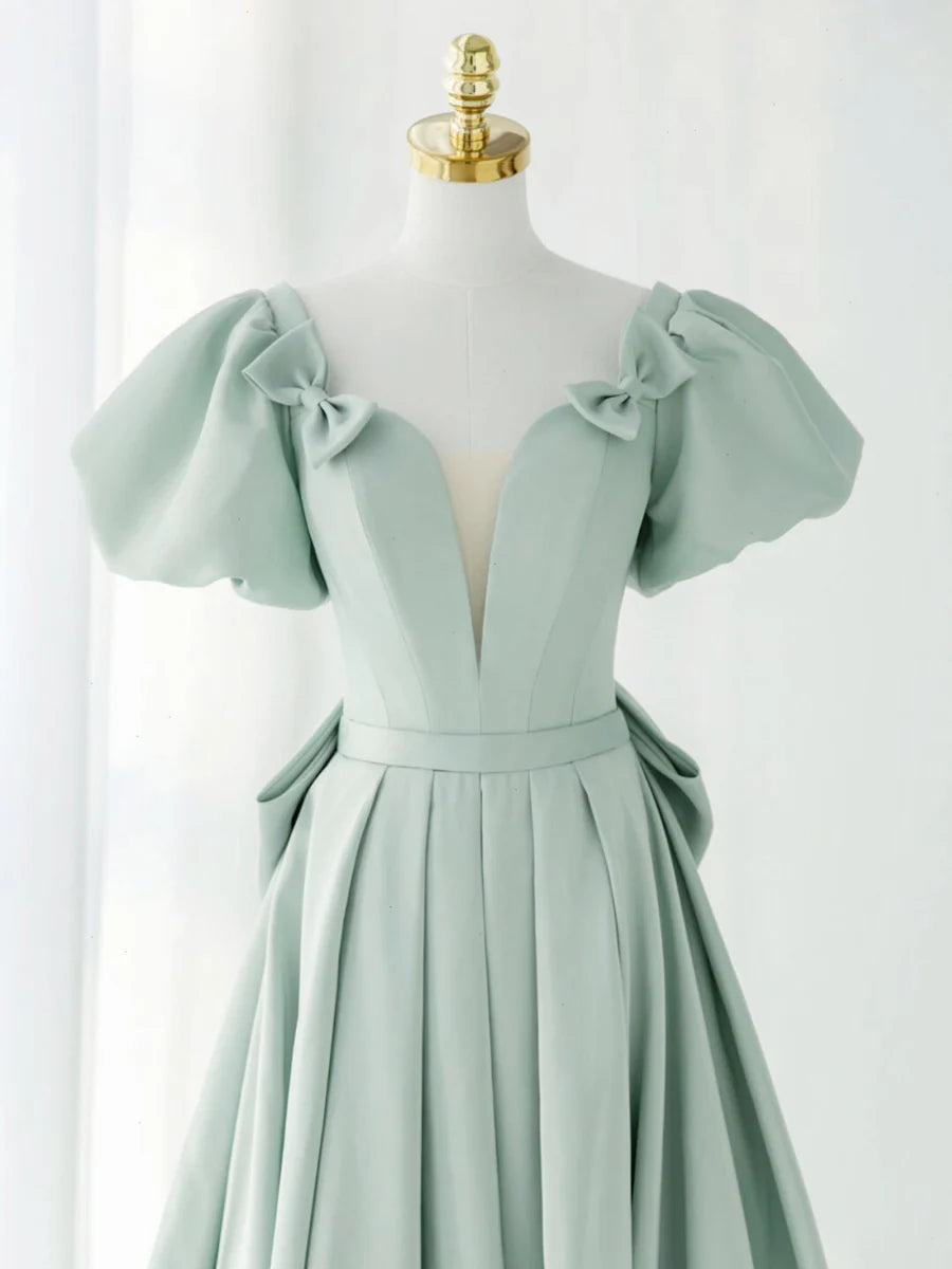 Buyishang A-Line Green Puffy Sleeve Short Prom Dress Green Formal Dress