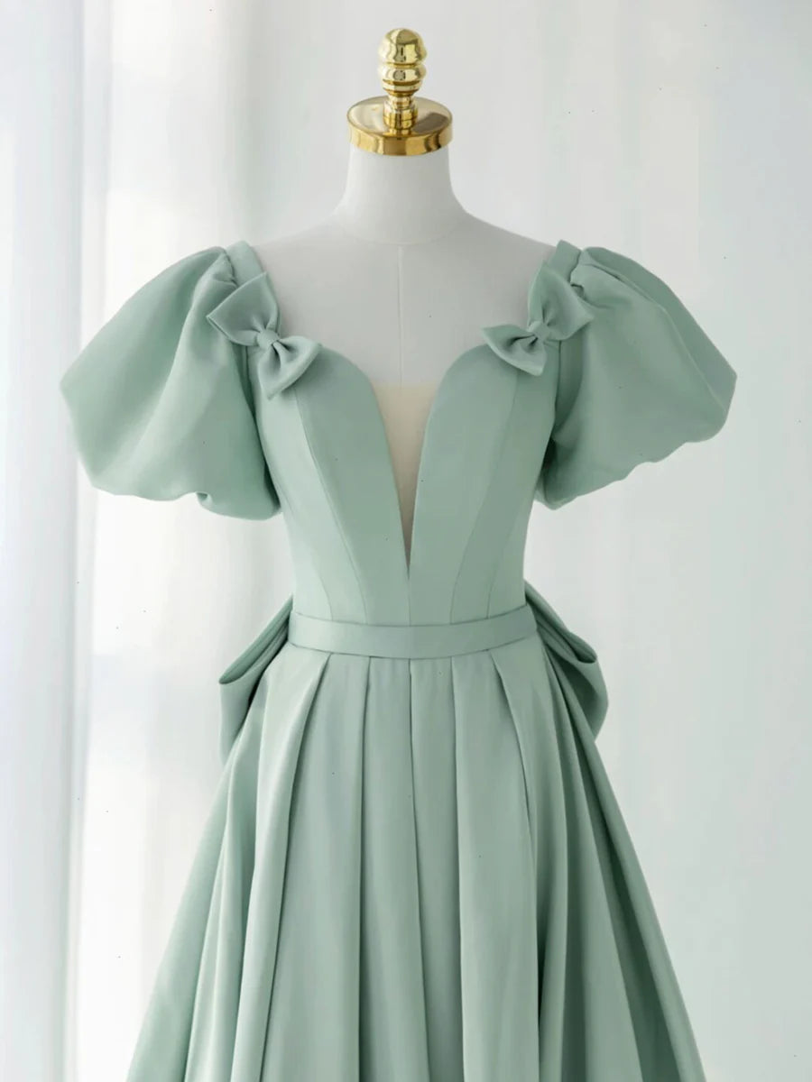 Buyishang A-Line Puff Sleeves Green Long Prom Dress Green Formal Dress